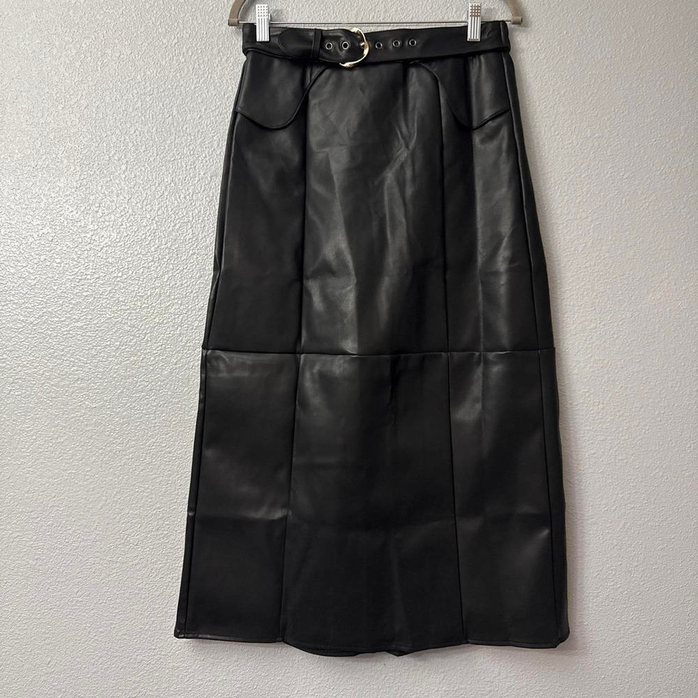UOOZEE Women's Black Faux Leather Midi Skirt with Belt Designer Style Skirt